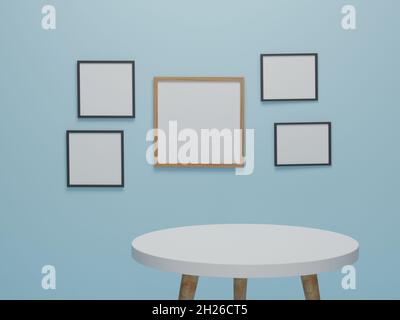Scena minimalista astratta con forme geometriche. Tavolo rotondo in legno con cornice foto sfondo presentazione mockup. rendering 3d, illustrazione 3d Foto Stock