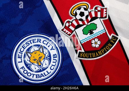 Primo piano della cresta del club di Leicester e Southampton. Foto Stock