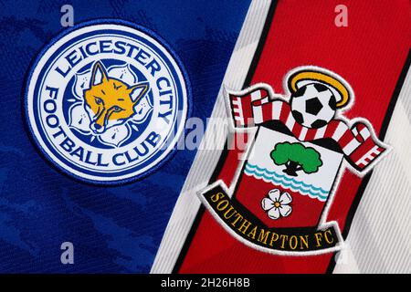 Primo piano della cresta del club di Leicester e Southampton. Foto Stock