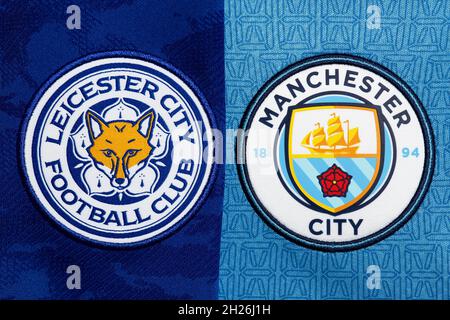 Primo piano di Leicester e Man City club crest. Foto Stock