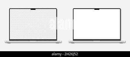 Vinnytsia, Ucraina - 20 ottobre 2021: Nuovo MacBook Pro Apple con schermo trasparente e bianco. Laptop mockup isolato su sfondo bianco Illustrazione Vettoriale