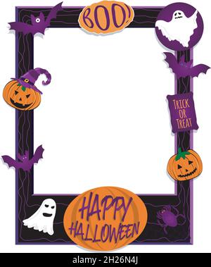 Poster della cornice fotografica di Halloween nero con zucche, pipistrelli, ragno e fantasmi. Concetto di Photoboth Illustrazione Vettoriale