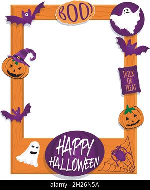 Poster della cornice fotografica di Halloween arancione con zucche, pipistrelli, ragno e fantasmi. Concetto di Photoboth Illustrazione Vettoriale