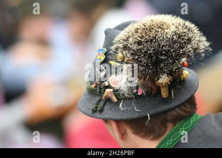 Ein typischer Hut mit Gamsbart im Salzkammergut (Oberösterreich, Österreich) - un cappello tipico con una barba di camoscio (un fascio con capelli di camoscio) nel Foto Stock