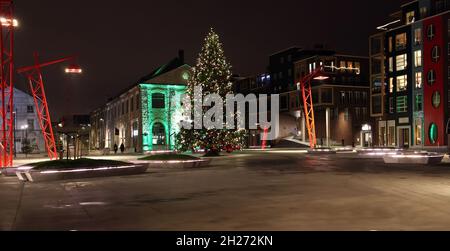 Grande albero di Natale nella città di Tallinn sulla piazza nel nuovo quartiere Noblessner Port. Zona di Kalamaja. Foto Stock
