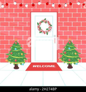 Illustrazione vettoriale della porta anteriore decorata a Natale. Felice anno nuovo illustrazione festivo Illustrazione Vettoriale