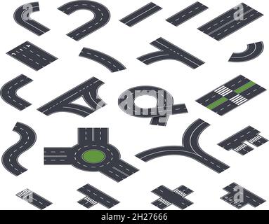 Raccolta stradale isometrica. Costruzione, strade e marciapiedi. Asfalto autostrada in prospettiva, città città città mappa modo esatto elementi vettoriali Illustrazione Vettoriale