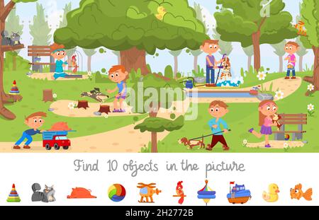 Gioco di oggetti nascosti. Puzzle posizione, trovare oggetti immagine per i bambini. Bambini nel parco con cani. Ricerca cervello visivo teaser scena vettoriale decente Illustrazione Vettoriale