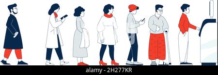 Coda ATM. La persona prende contanti, la macchina bancaria e la sicurezza. Persone in linea d'attesa, pagamenti. Banking commerciale o finanziario concetto di vettore recente Illustrazione Vettoriale