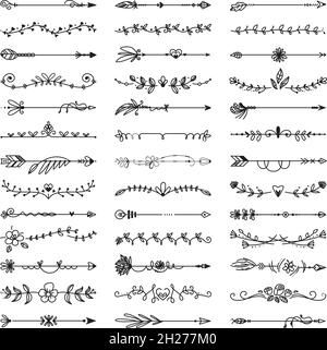 Divisori decorativi Doodle. Linea floreale, disegni ornamentali. Divisore disegnato a mano e frecce vintage. Elementi vettoriali di classe retro dello schizzo isolati Illustrazione Vettoriale