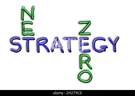 NET, Zero, strategia, parole in forma di parola incrociata in lettere scritte a mano blu e verdi, illustrazione 3D Foto Stock