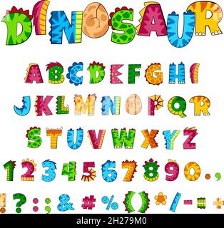 Alfabeto Dino. Elementi font, lettere e numeri in stile dinosauro creativo. Coloratissimi bambini abc, divertente fumetto decorativo garish vettoriale testo Illustrazione Vettoriale