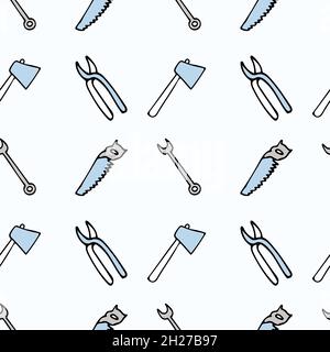 Modello senza cuciture con attrezzi di riparazione su sfondo blu, cricco, ascia, pinza, sega, chiave. Illustrazione Vettoriale