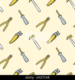 Disegno senza cuciture con attrezzi di riparazione su sfondo giallo, cacciavite, pinza, sega, martello, chiave regolabile. Illustrazione Vettoriale