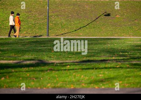 Helsinki / Finlandia - 19 OTTOBRE 2021: Un uomo e una donna che hanno una passeggiata nel parco pubblico in una soleggiata giornata autunnale. Foto Stock