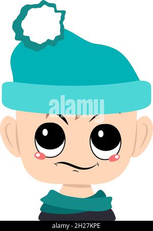 Avatar del bambino con emozioni di occhi sospettosi e dispiaciuti in cappello blu con pompom. Testa del toddler con espressione infastidita Illustrazione Vettoriale