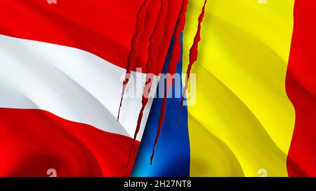 Bandiere di Austria e Romania con il concetto di cicatrice. Flag di ondulazione,rendering 3D. Concetto di conflitto tra Austria e Romania. Austria Romania concetto di relazioni. Bandiera o Foto Stock