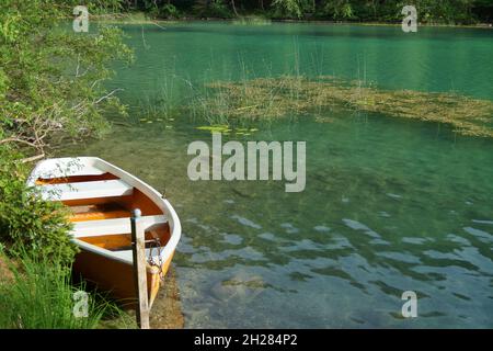 Una barca che riposa sulle acque trasparenti di color verde smeraldo del lago Alatsee a Fussen in Baviera, Germania Foto Stock