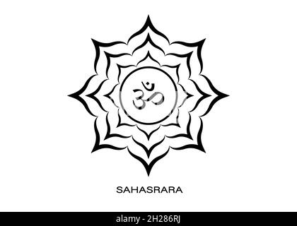 Settimo chakra Sahasrara, simbolo Om modello logo. Simbolo del chakra della corona, meditazione del segno sacrale del loto, otto petali, tatuaggio nero del mandala rotondo dello yoga Illustrazione Vettoriale