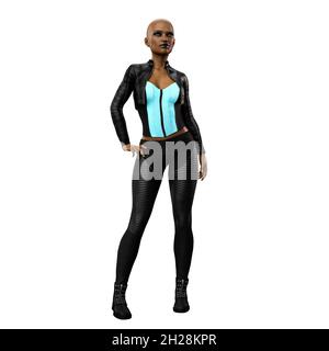 Cyberpunk POC donna su sfondo bianco isolato, illustrazione 3D, rendering 3D Foto Stock