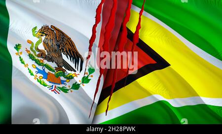 Bandiere del Messico e della Guyana con concetto di cicatrice. Flag di ondulazione, rendering 3D. Concetto di conflitto tra Messico e Guyana. Messico Guyana relazioni concetto. Bandiera di Mexi Foto Stock