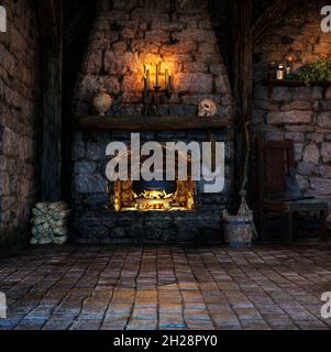 Fantasy Witch Cottage interno, illustrazione 3D, rendering 3D Foto Stock