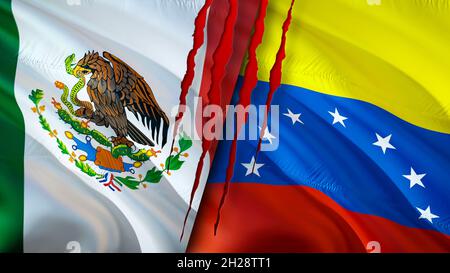 Bandiere del Messico e del Venezuela con il concetto di cicatrice. Flag di ondulazione, rendering 3D. Concetto di conflitto tra Messico e Venezuela. Messico Venezuela relazioni concetto. fla Foto Stock
