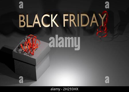 Banner Black Friday con confezione regalo e nastro rosso. Foto Stock