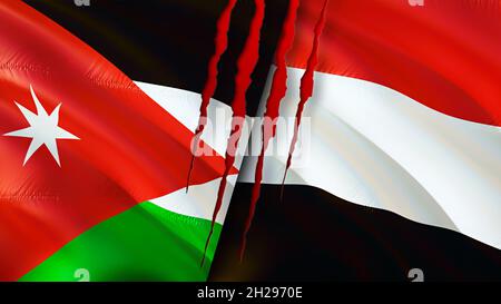 Bandiere della Giordania e dello Yemen con il concetto di cicatrice. Flag di ondulazione,rendering 3D. Concetto di conflitto tra Yemen e Giordania. Giordania Yemen relazioni concetto. Bandiera della Giordania Foto Stock