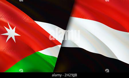 Bandiere della Giordania e dello Yemen. Progettazione di bandiere ondulate 3D. Bandiera dello Yemen Giordania, foto, sfondo. Immagine Jordan vs Yemen, rendering 3D. Giordania Yemen relazioni allia Foto Stock