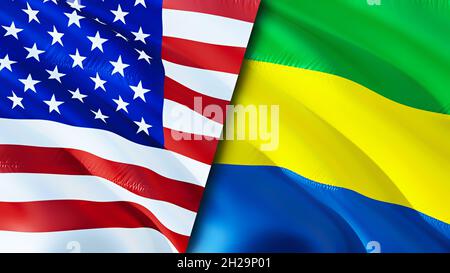 Bandiere degli Stati Uniti e del Gabon. Progettazione di bandiere ondulate 3D. Stati Uniti Gabon bandiera, foto, carta da parati. Immagini Stati Uniti vs Gabon, rendering 3D. Uniti Foto Stock