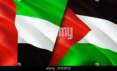 Bandiere degli Emirati e della Palestina. Progettazione di bandiere ondulate 3D. Palestina Emirati Arabi Uniti bandiera, foto, carta da parati. Immagine UAE vs Palestina, rendering 3D. Uni Foto Stock