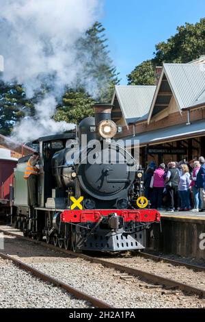 Il Cockle Train guidato da Engine RX 224, una locomotiva a vapore costruita nel 1915, arriva alla stazione di Victor Harbor in Australia Meridionale, Australia. Foto Stock