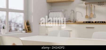 Sala da pranzo moderna e contemporanea con spazio per montaggio su tavolo da pranzo moderno e spazio di cucina sullo sfondo. rendering 3d, illustrazione 3d Foto Stock