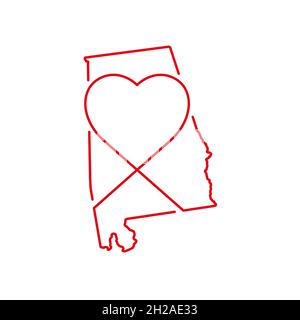 Alabama Stati Uniti stato rosso contorno mappa con la forma del cuore manoscritto. Linea continua di segno di casa patriottica. Un amore per una piccola patria. t-shir Illustrazione Vettoriale