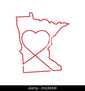 Minnesota Stati Uniti stato rosso contorno mappa con la forma del cuore manoscritto. Linea continua di segno di casa patriottica. Un amore per una piccola patria. T-sh Illustrazione Vettoriale