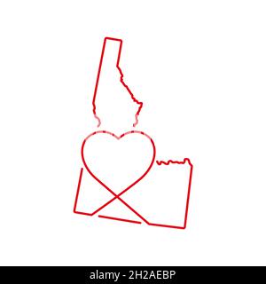 Idaho US indica la mappa del contorno rosso con la forma del cuore scritta a mano. Linea continua di segno di casa patriottica. Un amore per una piccola patria. T-shirt Illustrazione Vettoriale