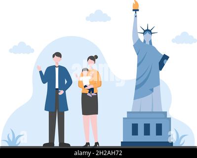 Viaggio in USA background Vector Illustration. Tempo per visitare i punti di riferimento icone di queste famose attrazioni turistiche del Paese Illustrazione Vettoriale