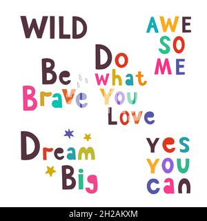 Set di simpatiche citazioni divertenti disegnate a mano, per design d'interni, arte da parete e biglietti d'auguri Illustrazione Vettoriale