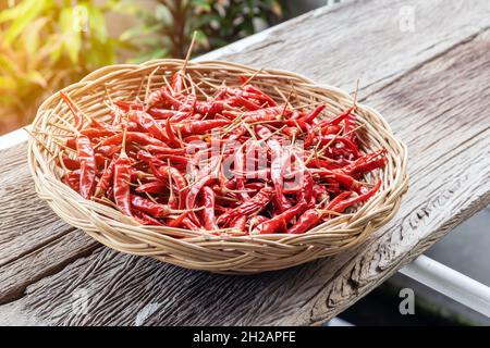 Primo piano gruppo di peperoni rossi secchi in un cesto di vimini. Foto Stock