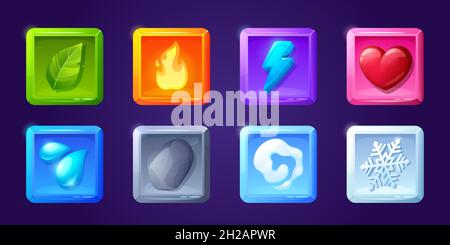 Icone delle applicazioni dell'interfaccia utente del gioco, pulsanti quadrati, elementi grafici 2d dell'interfaccia del menu dei fumetti. Foglia verde, fuoco, lampo, cuore, gocce d'acqua, pietra e aria o fumo, pannello utente fiocco di neve isolato vettore Illustrazione Vettoriale