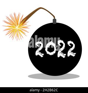 Una bomba in stile cartoon tradizionale con fusibile illuminato con la data del 2022 isolaterd su bianco Foto Stock