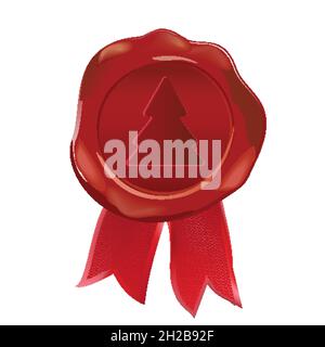 Sigillo di cera rosso di Natale su sfondo bianco. Illustrazione vettoriale realistica. Per lettere, buste Illustrazione Vettoriale
