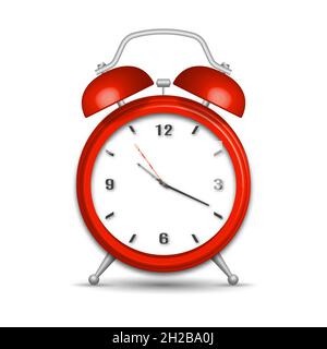 Sveglia rossa realistica con ombra isolata su sfondo bianco. Illustrazione vettoriale 3D. Illustrazione Vettoriale