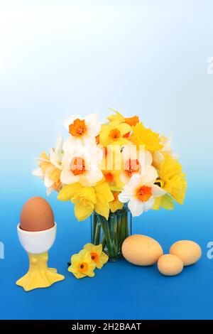 Uova di Pasqua con narciso di daffodil fiori, uovo fresco marrone biologico in uovo novello. Simboli della Primavera di Pasqua e concetto di vita nuova. Foto Stock