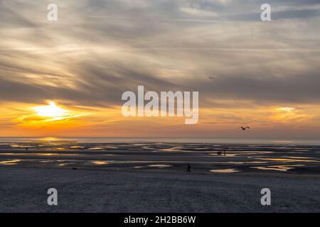 Spiaggia a bassa marea e sotto il sole tramontato, cielo pesante. Breck-Plage, Opal Coast. Francia Foto Stock