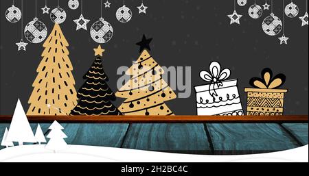 Immagine della neve che cade sopra gli alberi di natale e presenta su sfondo nero Foto Stock
