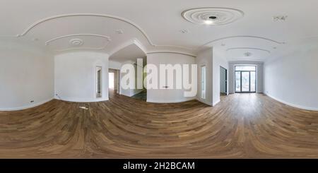 Visualizzazione panoramica a 360 gradi di 360 vista panoramica hdri senza giunture in camera vuota per ufficio, negozio o clinica con finestre panoramiche senza mobili in progetto sferico equiregolare