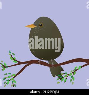Un black bird femminile molto carino a forma di uovo. Sfondo blu. L'uccello siede su un ramo con foglie verdi. Illustrazione Vettoriale