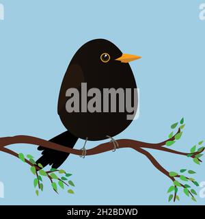 Un uccello nero molto carino a forma di uovo. Sfondo blu. L'uccello siede su un ramo con foglie verdi. Illustrazione Vettoriale